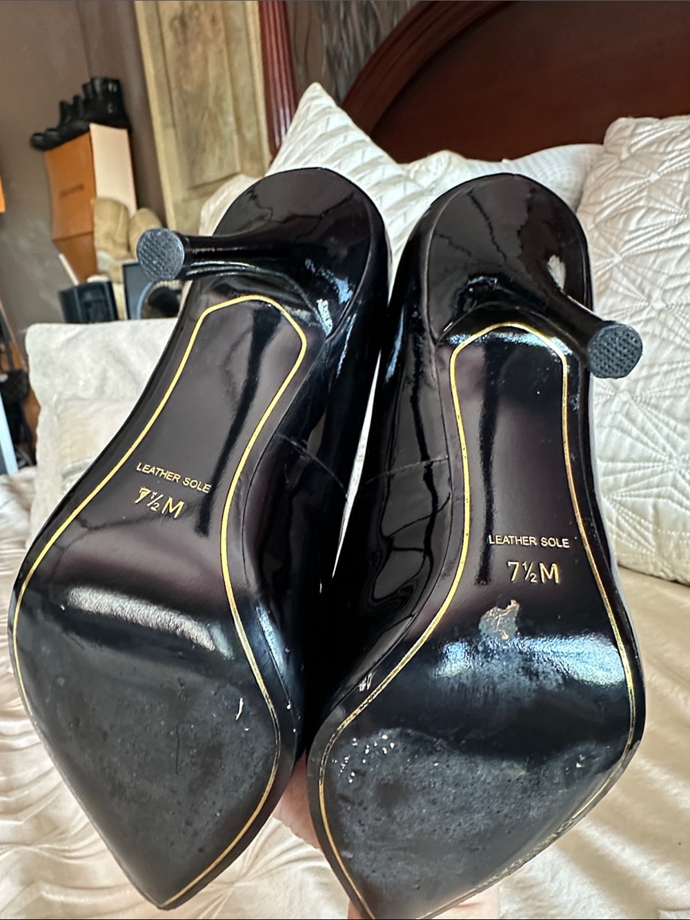 Charles Jourdan Black Patent Pointed-Toe Stiletto Pumps with Red Lining - Picture 4 of 11